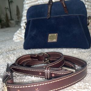 Dooney & Bourke Navy Blue Suede with brown T Moro leather trim Crossbody Bag